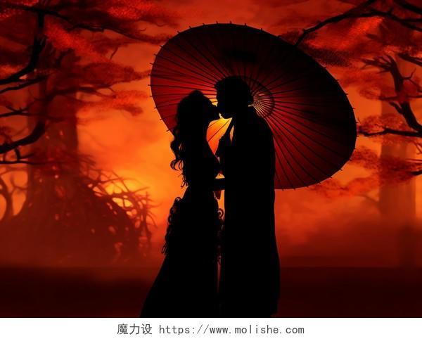 中国红的传统中式婚礼新郎新娘在伞下幸福亲吻的剪影